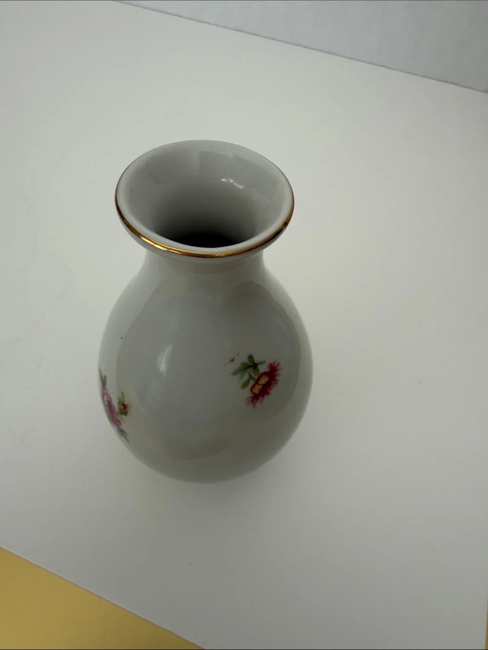 White Ceramic Decorative Bud Vase with Gold Rim and Floral Detail